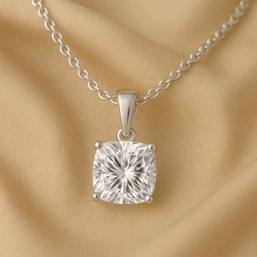 14K Gold Cushion Cut Moissanite Solitaire Necklace - Dangle Bail on Cable Chain