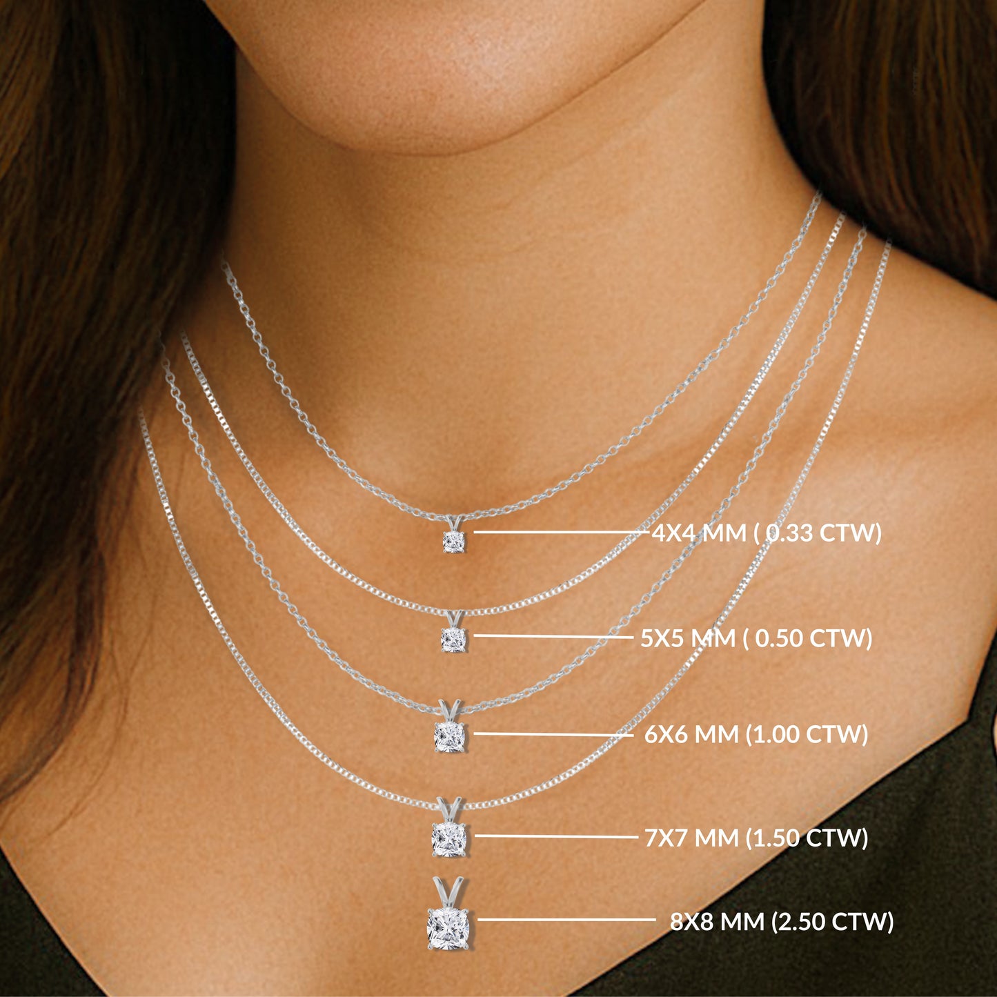 14K Gold Cushion Cut Moissanite Solitaire Necklace - Double Loop Bail on Box