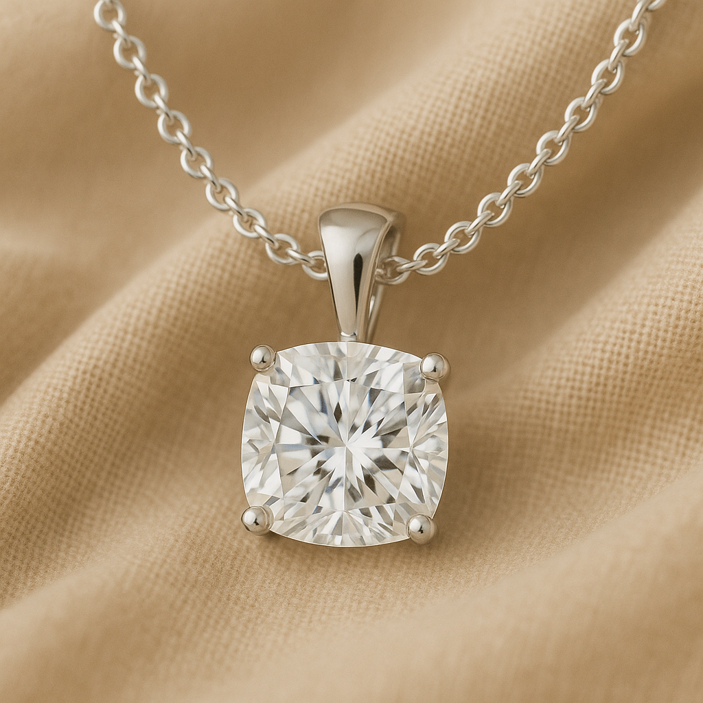 14K Gold Cushion Cut Moissanite Solitaire Necklace - Solid Bail on Cable Chain