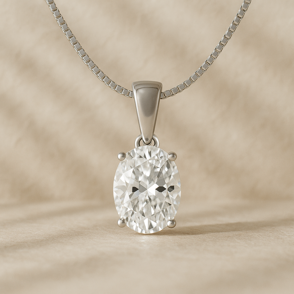 14K Gold Oval Cut Moissanite Solitaire Necklace - Dangle Bail on Box Chain