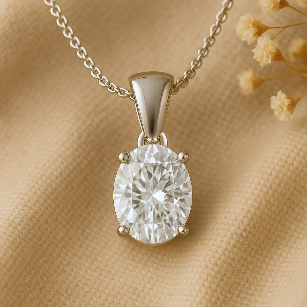 14K Gold Oval Cut Moissanite Solitaire Necklace - Dangle Bail on Cable Chain