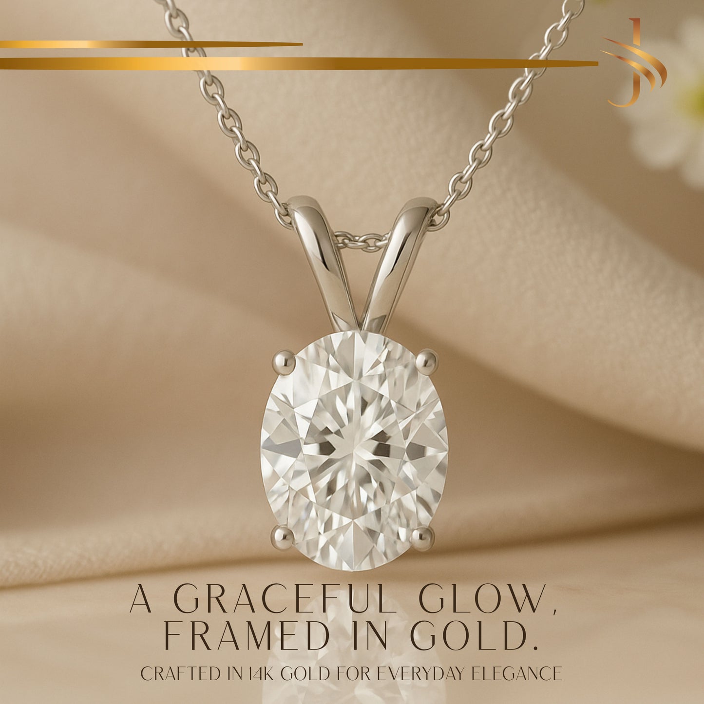 14K Gold Oval Cut Moissanite Solitaire Necklace - Double Loop Bail on Cable Chain