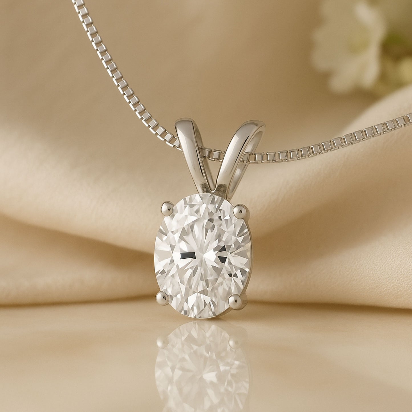 14K Gold Oval Cut Moissanite Solitaire Necklace - Double Loop Bail on Box Chain