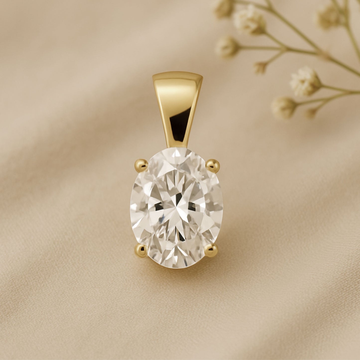 14K Gold Oval Cut Moissanite Solitaire Pendant Only - Solid Bail