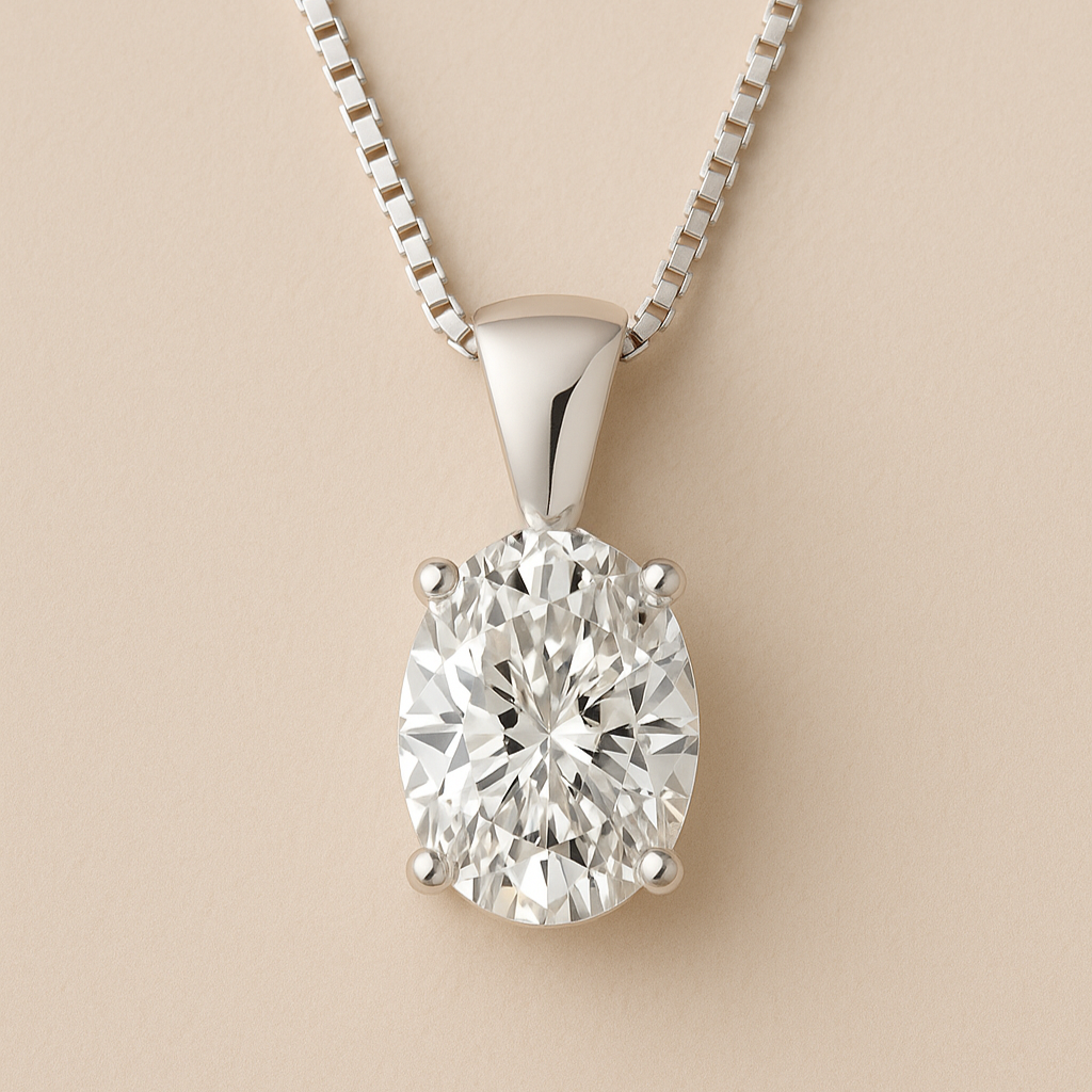 14K Gold Oval Cut Moissanite Solitaire Necklace - Solid Bail on Box Chain