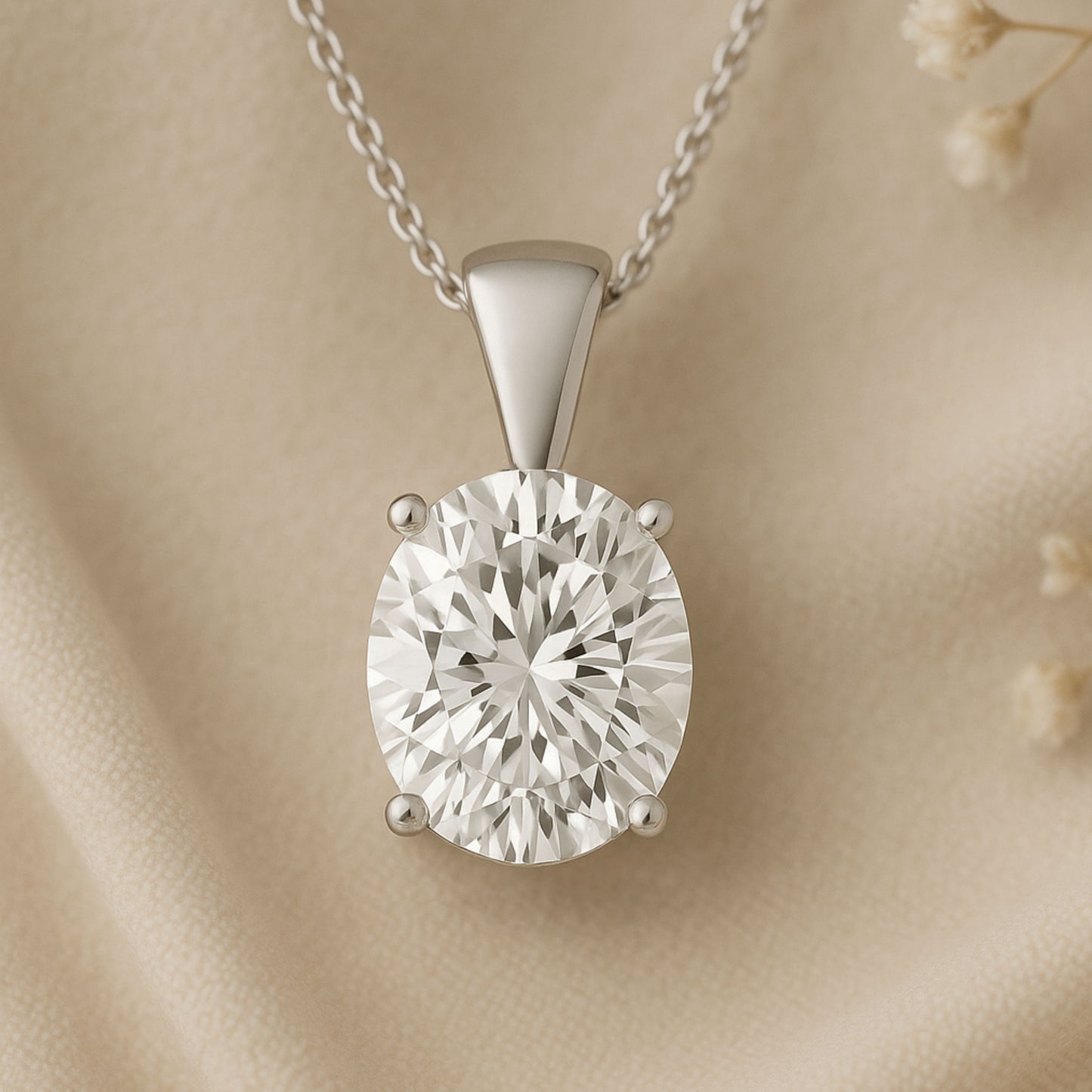 14K Gold Oval Cut Moissanite Solitaire Necklace - Solid Bail on Cable Chain