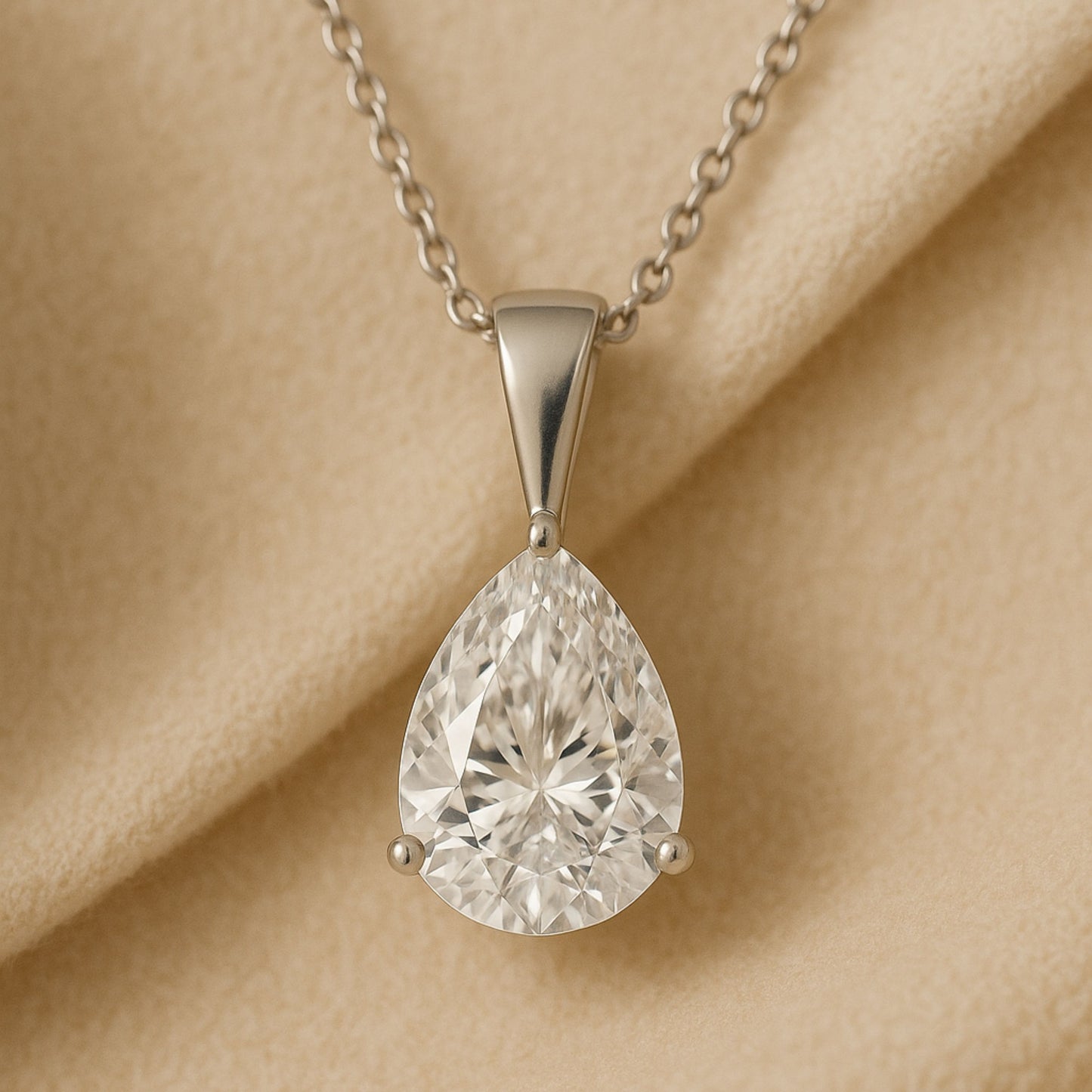 14K Gold Pear Cut Moissanite Solitaire Necklace - Solid Bail on Cable Chain