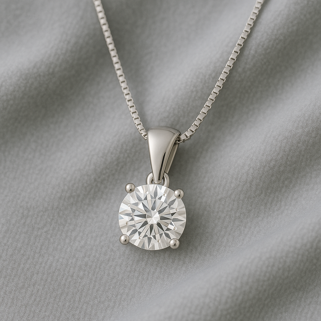 14K Gold Round Cut Moissanite Solitaire Necklace - Dangle Bail on Box Chain