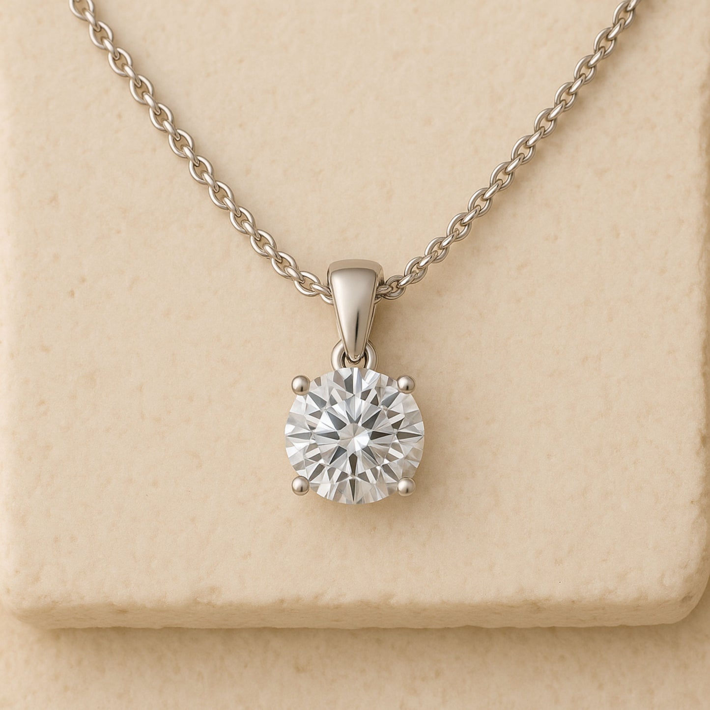 14K Gold Round Cut Moissanite Solitaire Necklace - Dangle Bail on Cable Chain