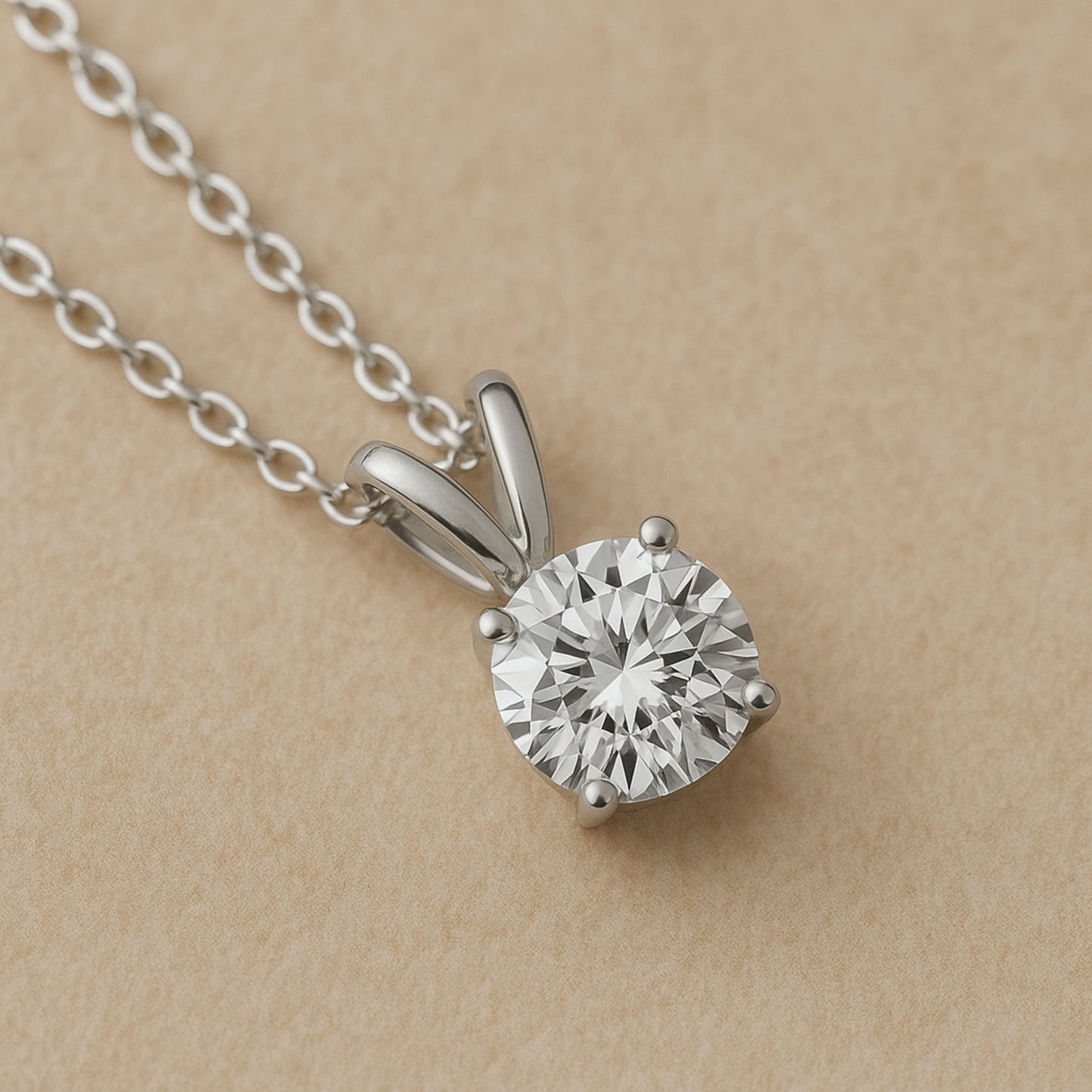 14K Gold Round Cut Moissanite Solitaire Necklace - Double Loop Bail on Cable Chain
