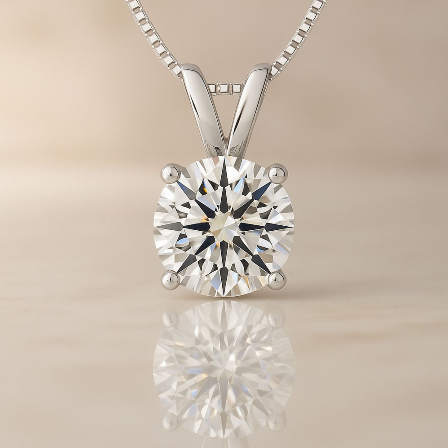 14K Gold Round Cut Moissanite Solitaire Necklace - Double Loop Bail on Box Chain