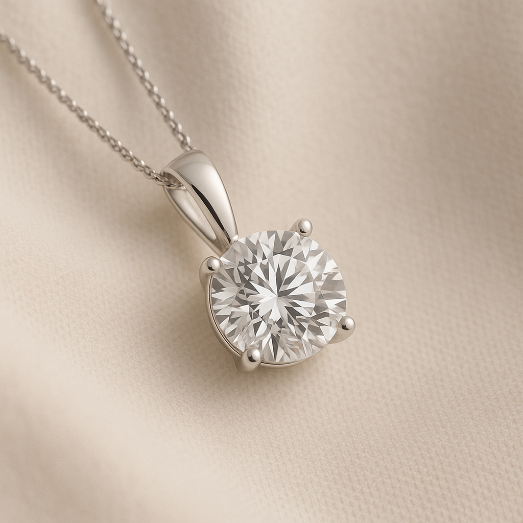 14K Gold Round Cut Moissanite Solitaire Necklace - Solid Bail on Cable Chain