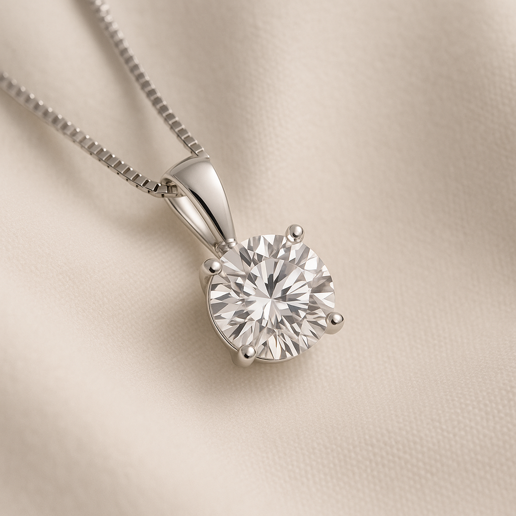 14K Gold Round Cut Moissanite Solitaire Necklace - Solid Bail on Box Chain
