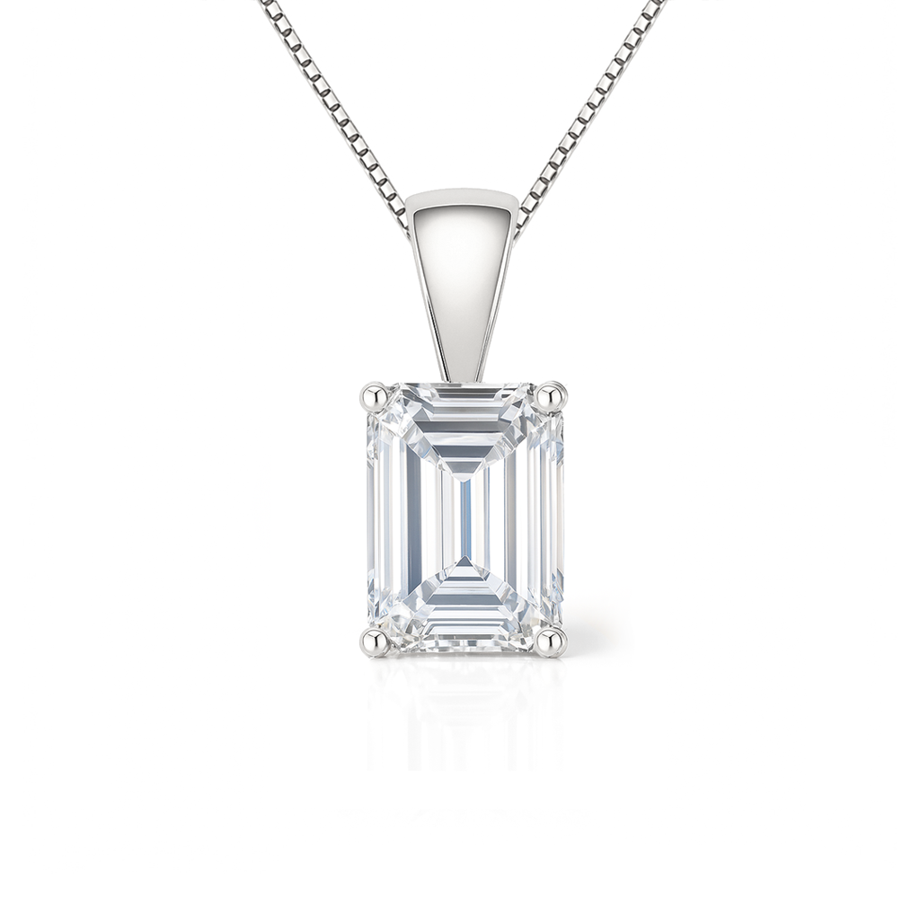 14K Gold Emerald Cut Moissanite Solitaire Necklace - Solid Bail on Box Chain