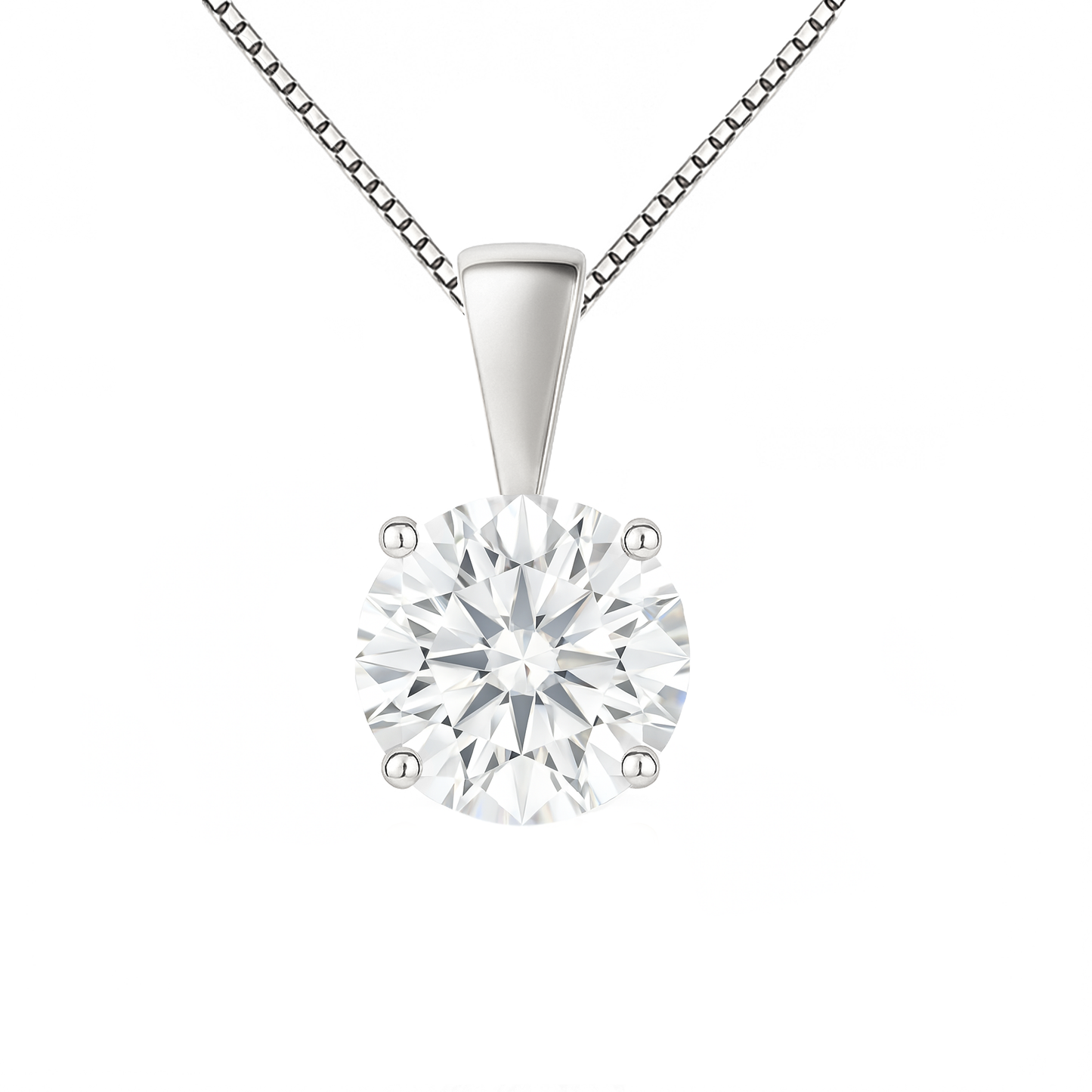 14K Gold Round Cut Moissanite Solitaire Necklace - Solid Bail on Box Chain
