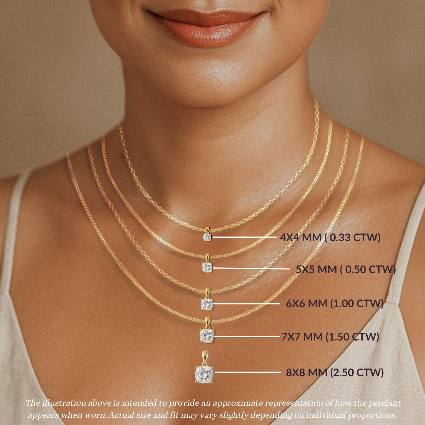 14K Gold Cushion Cut Moissanite Solitaire Necklace - Dangle Bail on Cable Chain