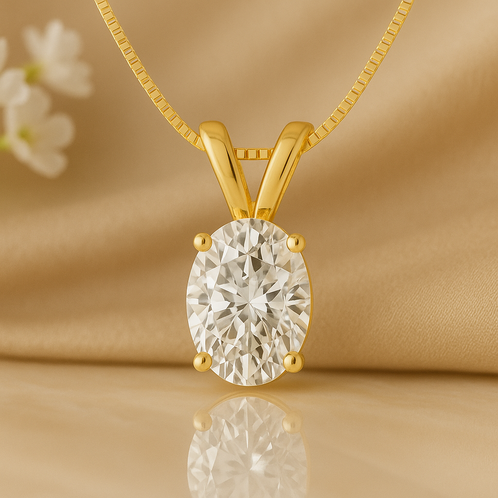 14K Gold Oval Cut Moissanite Solitaire Necklace - Double Loop Bail on Box Chain