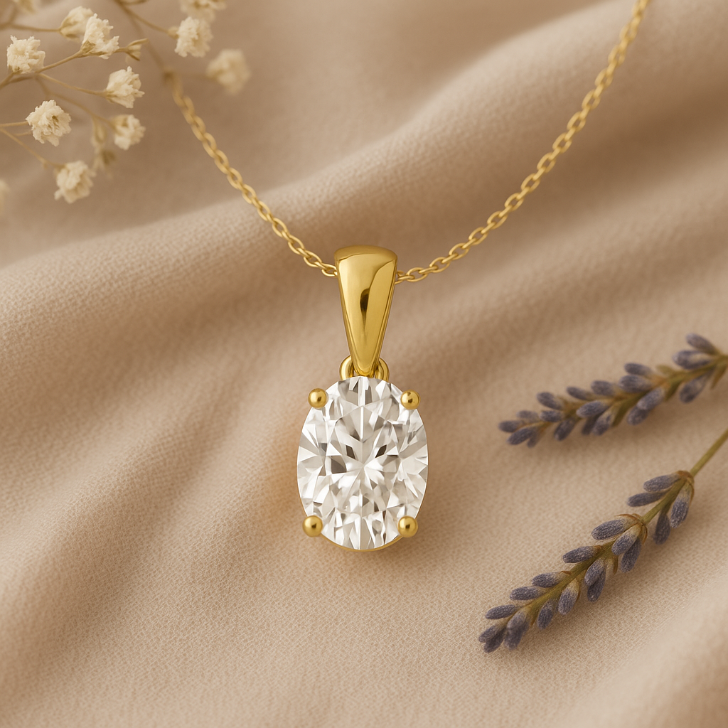 14K Gold Oval Cut Moissanite Solitaire Necklace - Dangle Bail on Cable Chain