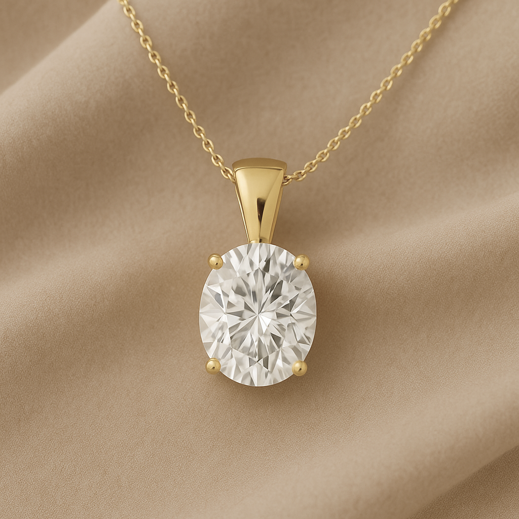14K Gold Oval Cut Moissanite Solitaire Necklace - Solid Bail on Cable Chain