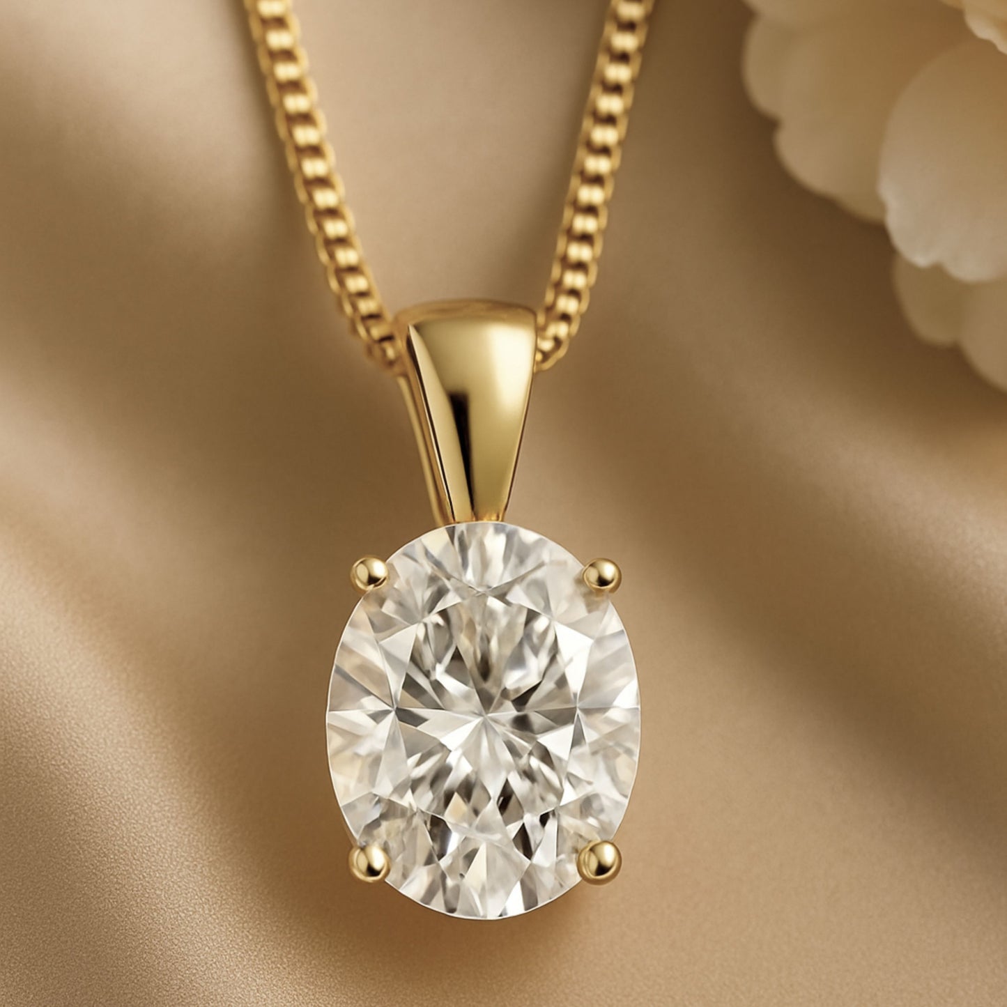 14K Gold Oval Cut Moissanite Solitaire Necklace - Solid Bail on Box Chain