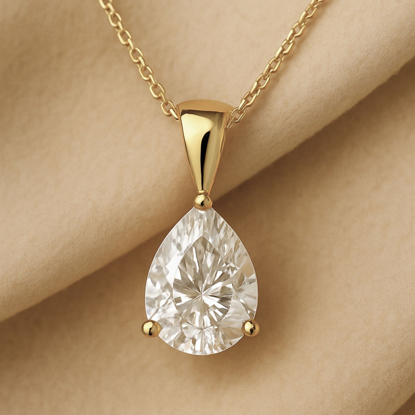 14K Gold Pear Cut Moissanite Solitaire Necklace - Solid Bail on Cable Chain