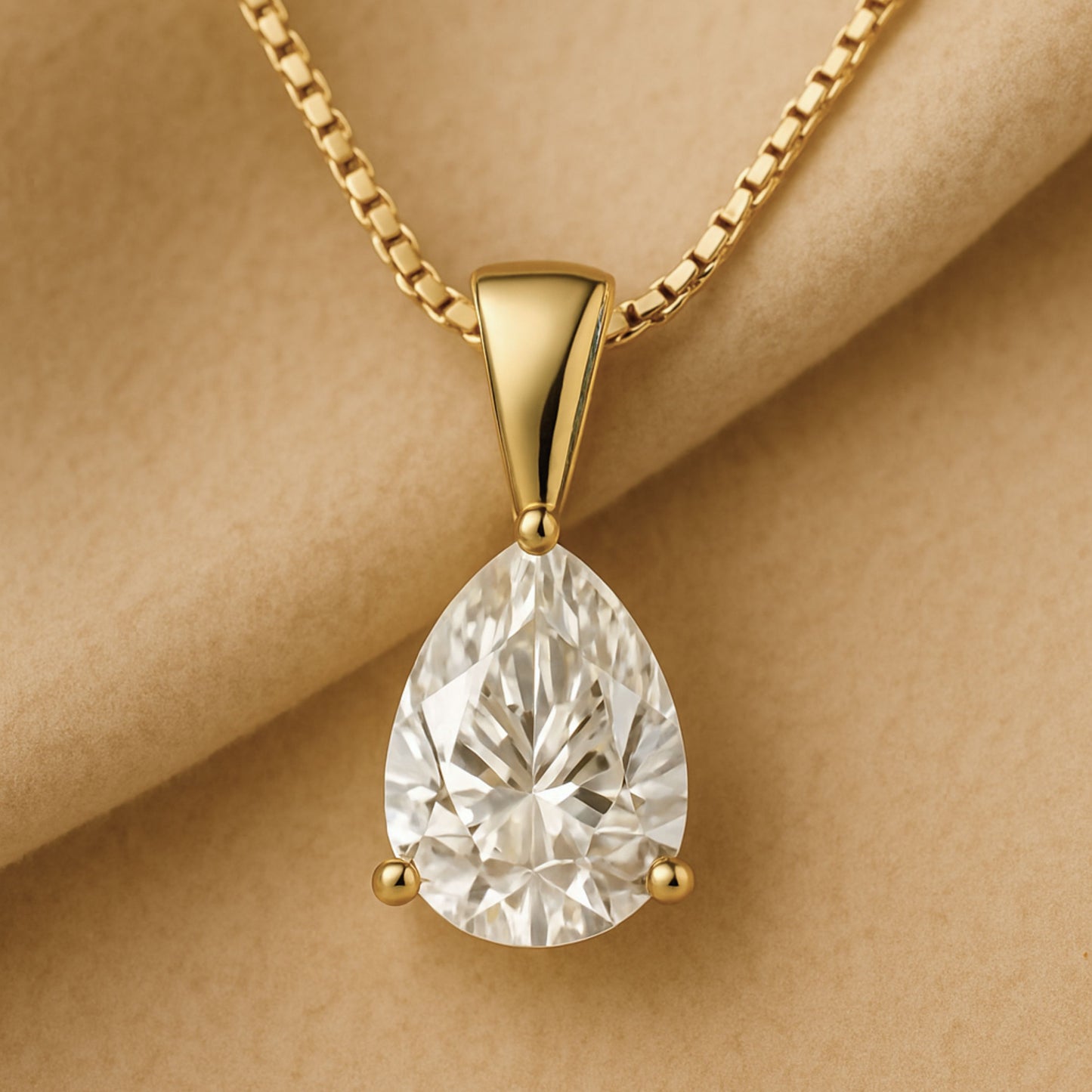 14K Gold Pear Cut Moissanite Solitaire Necklace - Solid Bail on Box Chain