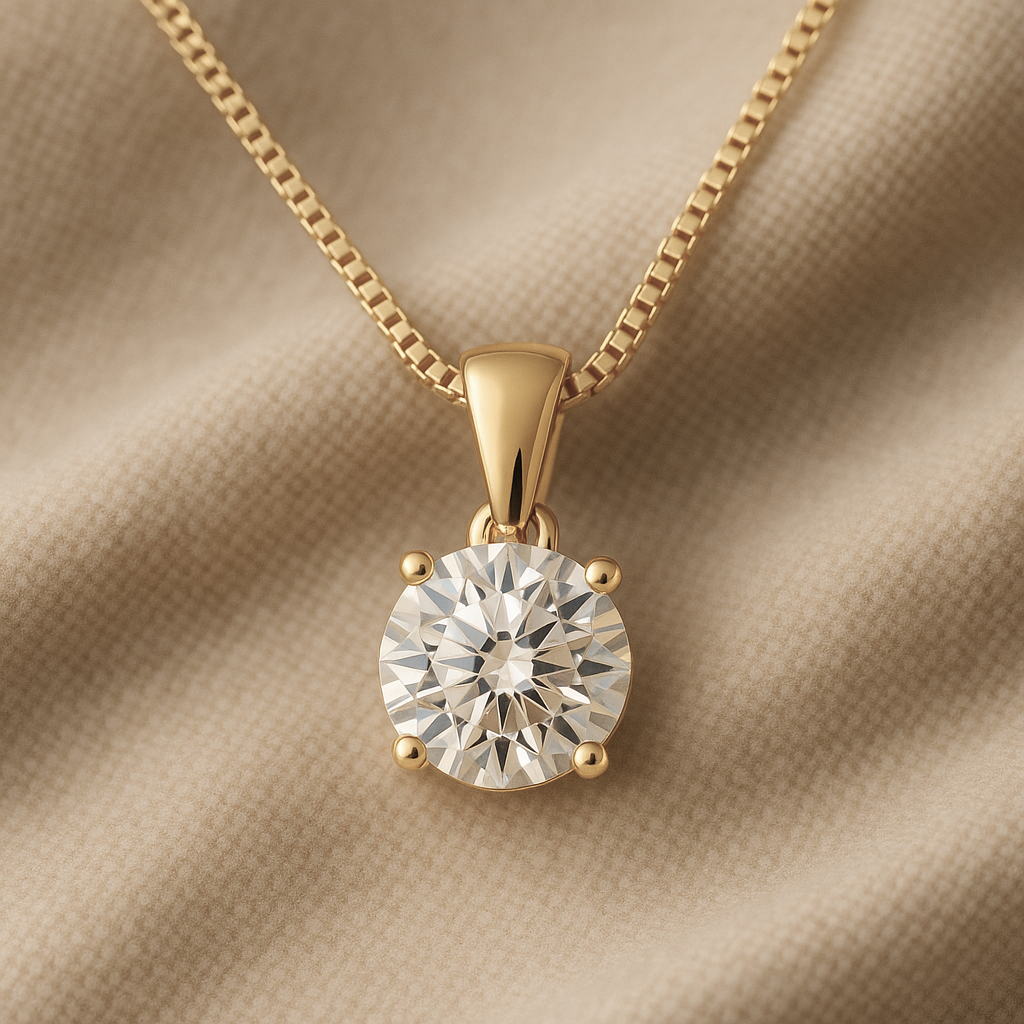 14K Gold Round Cut Moissanite Solitaire Necklace - Dangle Bail on Box Chain