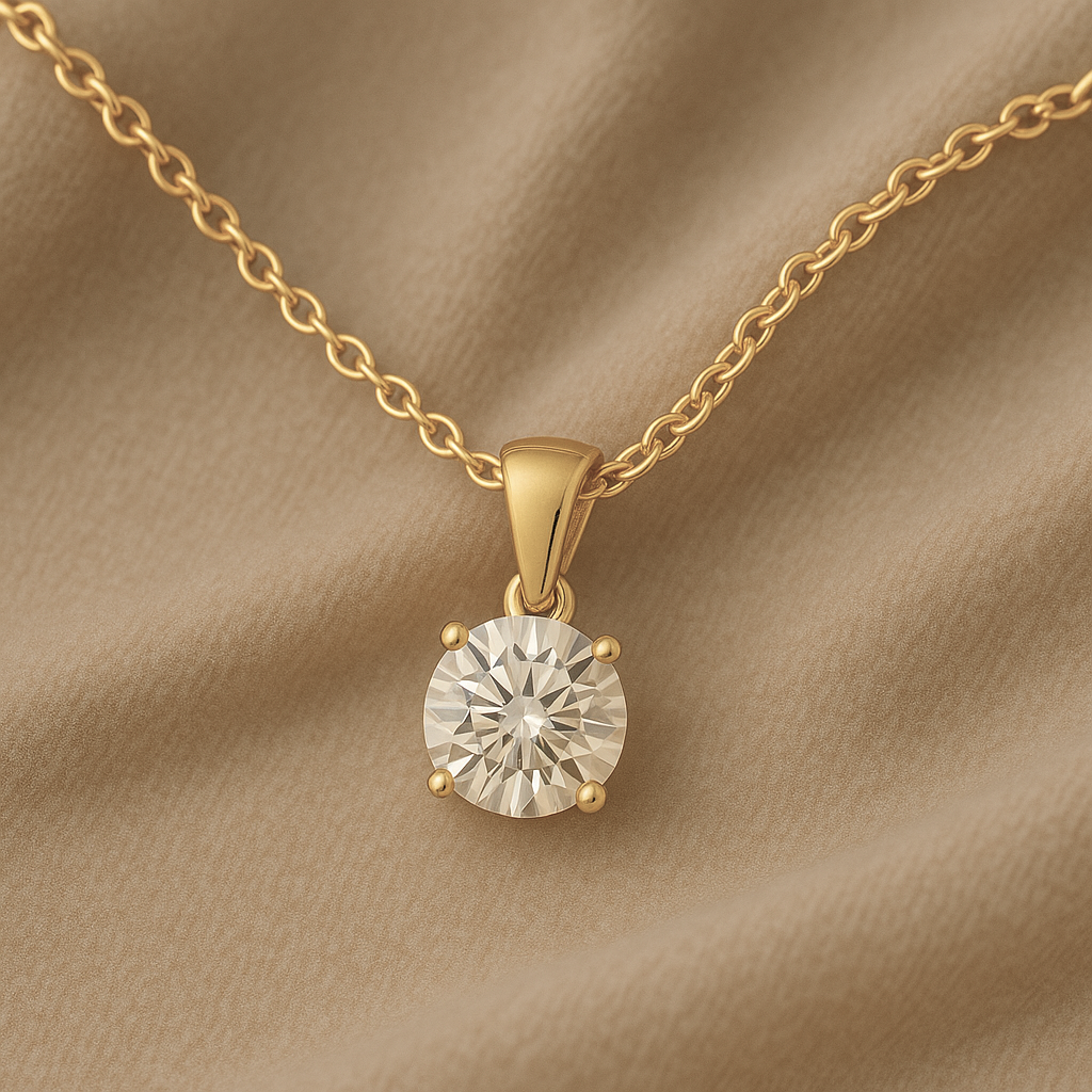 14K Gold Round Cut Moissanite Solitaire Necklace - Dangle Bail on Cable Chain