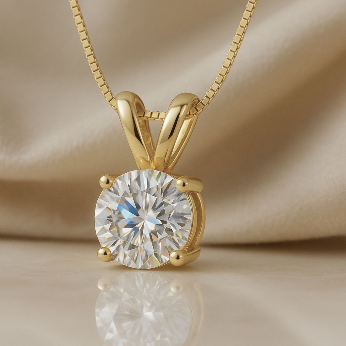 14K Gold Round Cut Moissanite Solitaire Necklace - Double Loop Bail on Box Chain