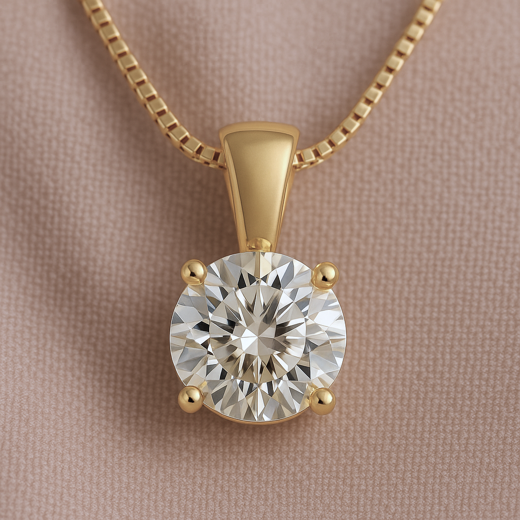 14K Gold Round Cut Moissanite Solitaire Necklace - Solid Bail on Box Chain