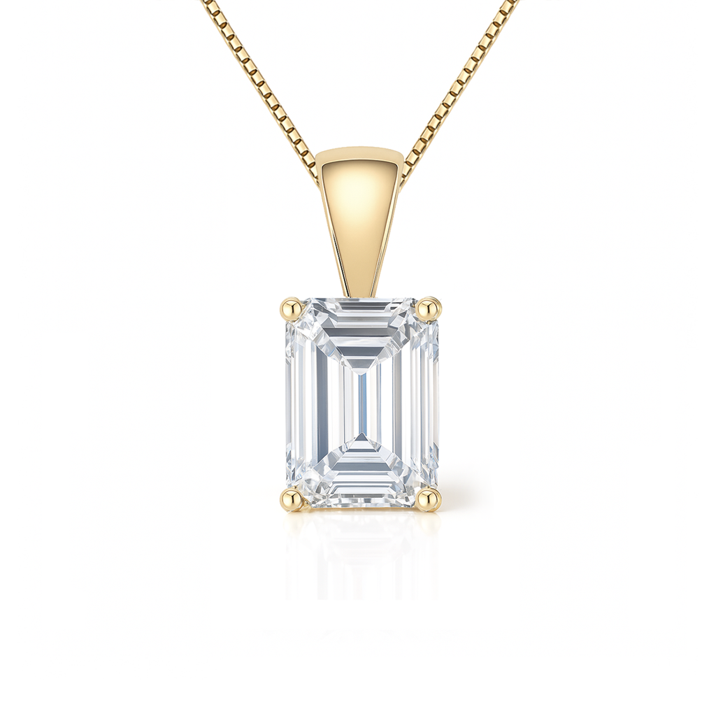 14K Gold Emerald Cut Moissanite Solitaire Necklace - Solid Bail on Box Chain