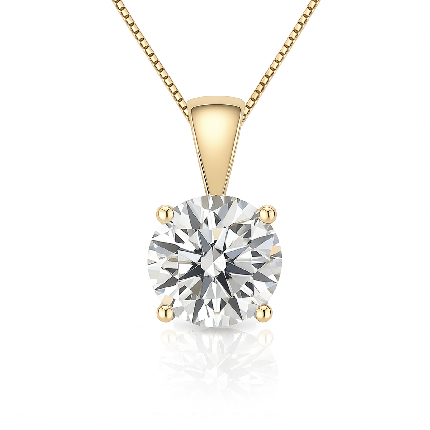 14K Gold Round Cut Moissanite Solitaire Necklace - Solid Bail on Box Chain