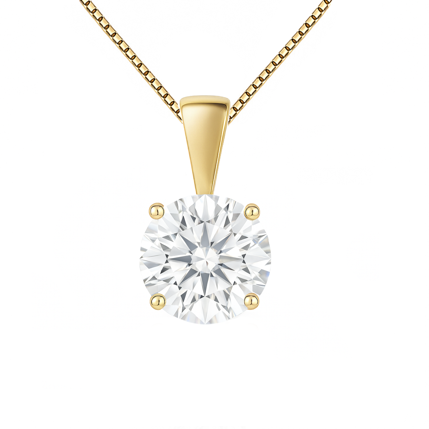 14K Gold Round Cut Moissanite Solitaire Necklace - Solid Bail on Box Chain