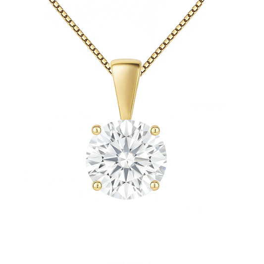 14K Gold Round Cut Moissanite Solitaire Necklace - Solid Bail on Box Chain