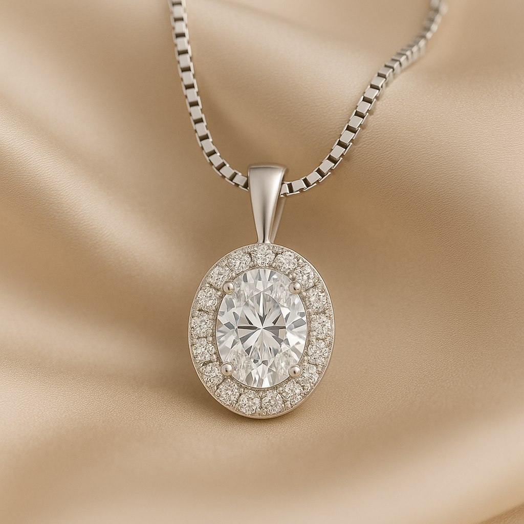 14K Gold Oval Cut Halo Moissanite Necklace - Solid Bail