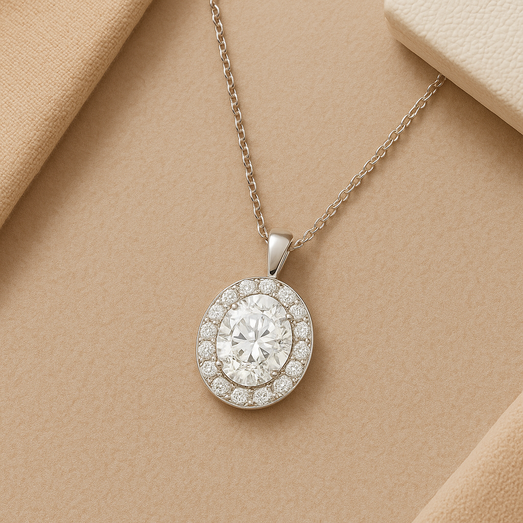 14K Gold Oval Cut Halo Moissanite Necklace - Solid Bail