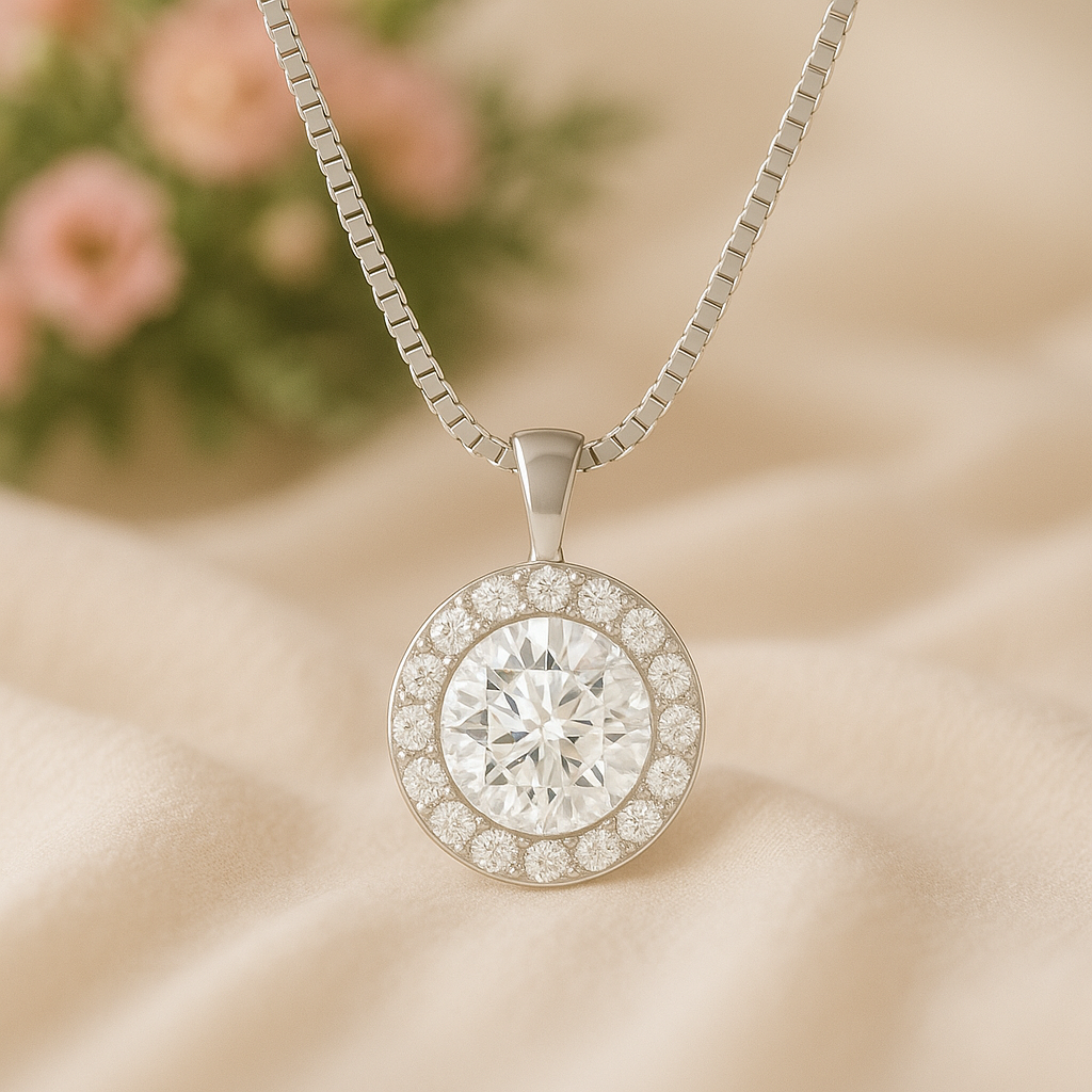 Round Cut Halo Moissanite Necklace – Solid Bail