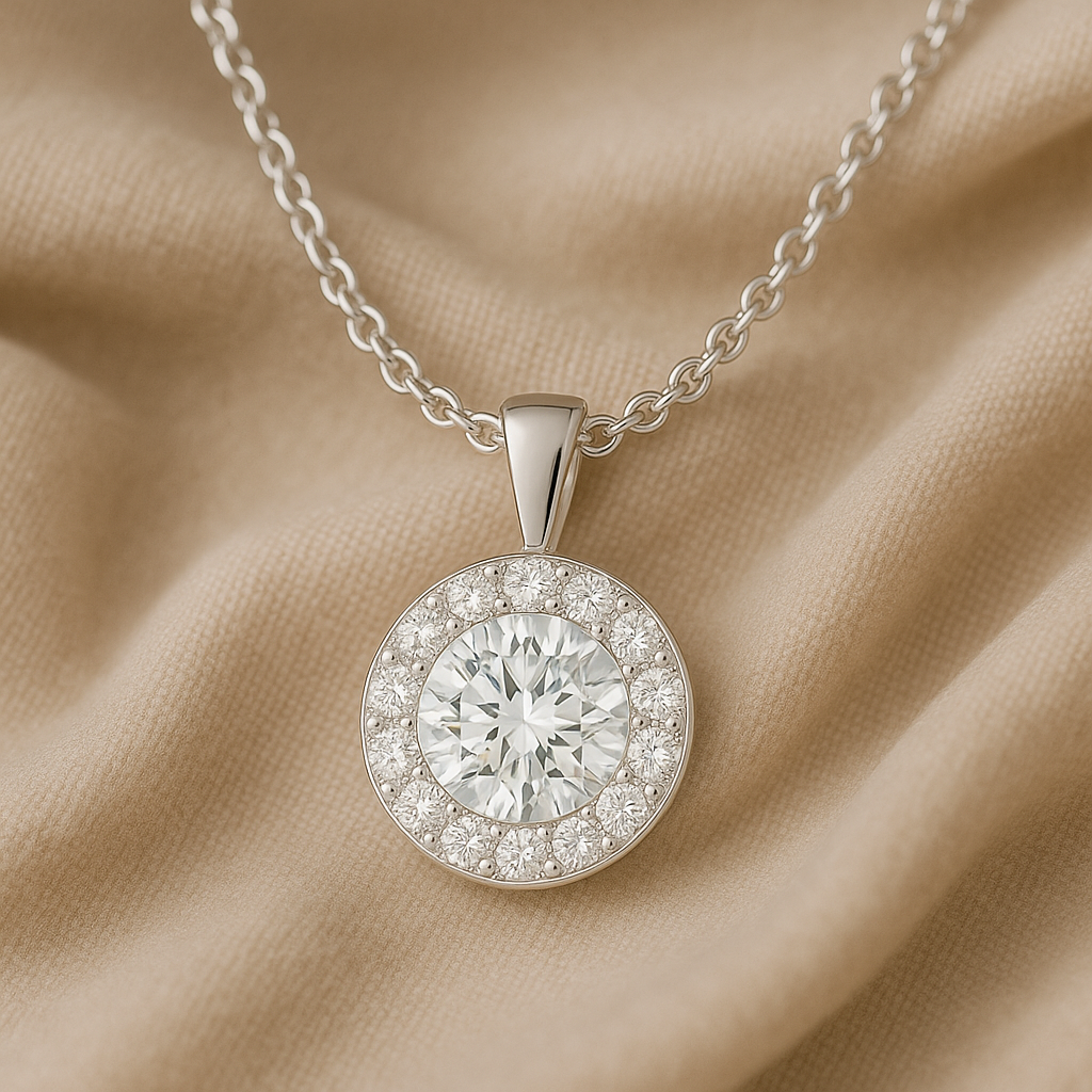 Round Cut Halo Moissanite Necklace – Solid Bail