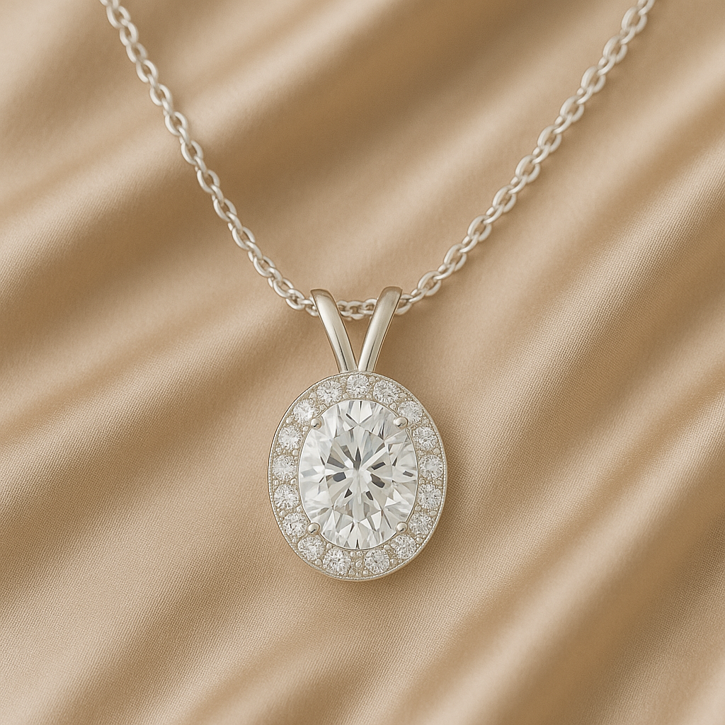 14K Gold Oval Cut Halo Moissanite Necklace - Double Loop Bail