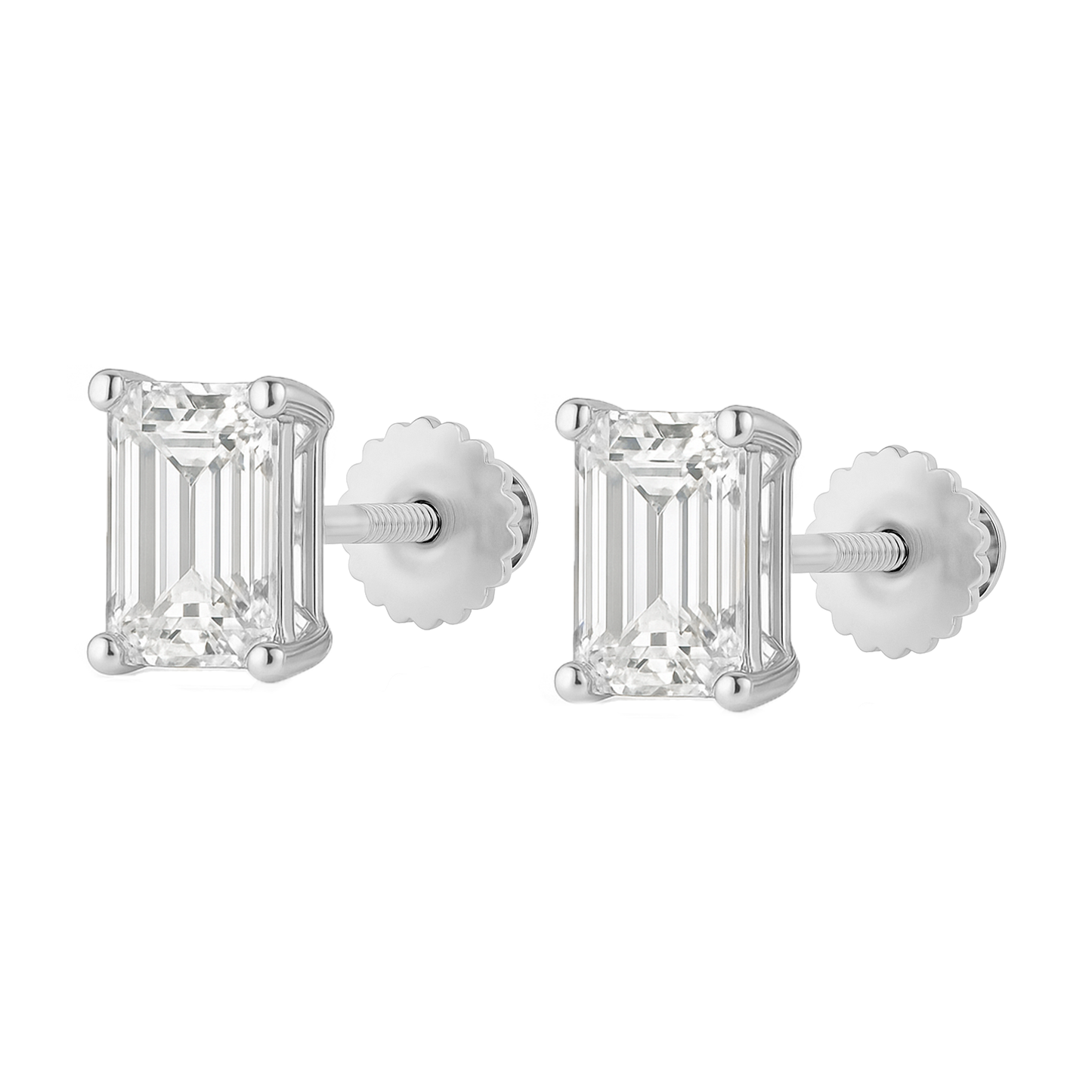 10K Gold Emerald Cut Moissanite Solitaire Stud Earrings - Screw Backs
