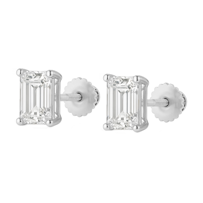 10K Gold Emerald Cut Moissanite Solitaire Stud Earrings - Screw Backs