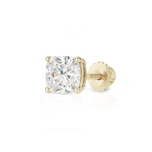 10K Gold Cushion Cut Moissanite Solitaire Single Stud Earring - Screw Back