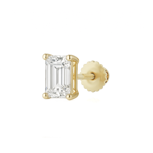 10K Gold Emerald Cut Moissanite Solitaire Single Stud Earring - Screw Back