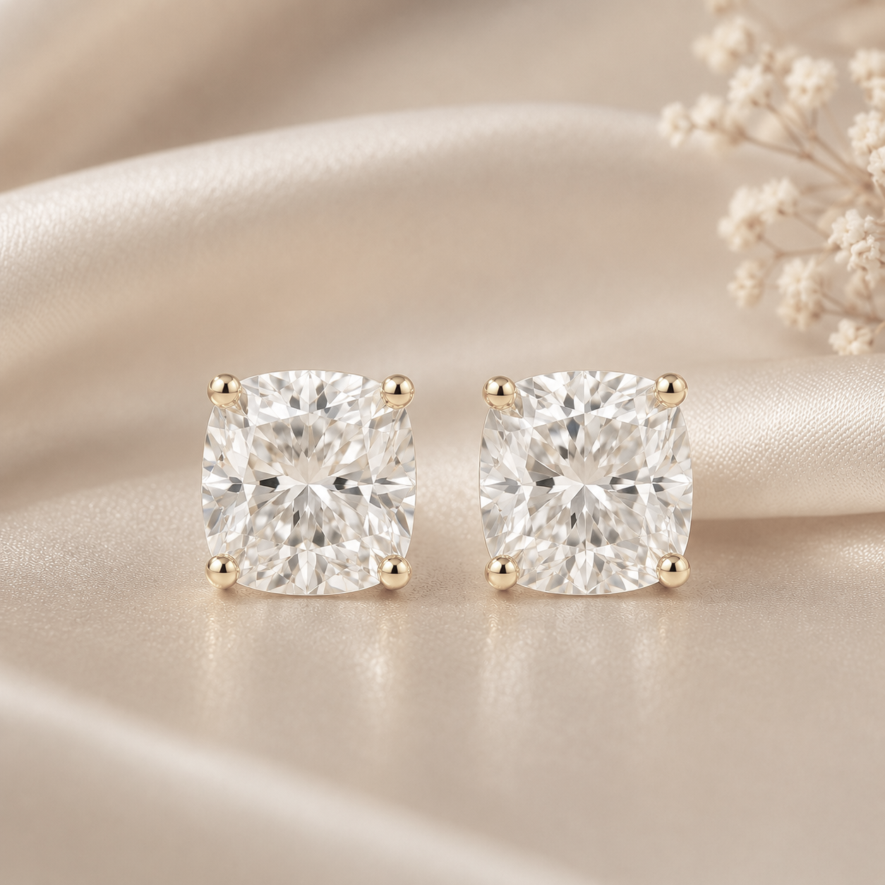 14K Gold Cushion Cut Moissanite Solitaire Stud Earrings - Push Backs