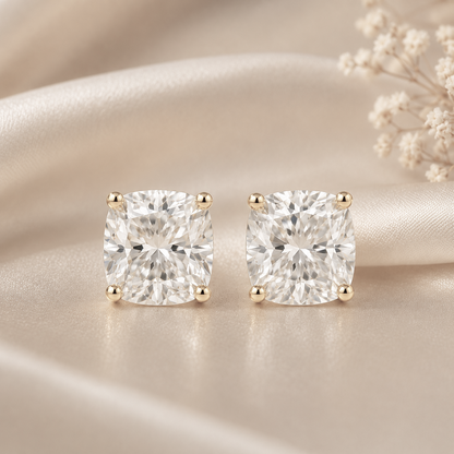 14K Gold Cushion Cut Moissanite Solitaire Stud Earrings - Push Backs