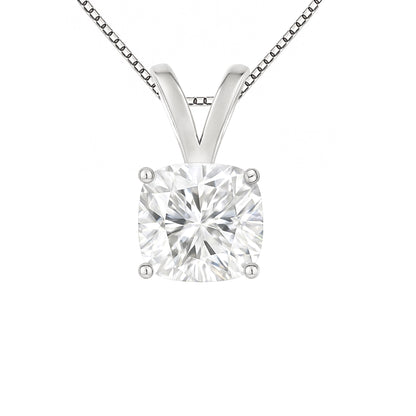 14K Gold Cushion Cut Moissanite Solitaire Necklace - Double Loop Bail on Box