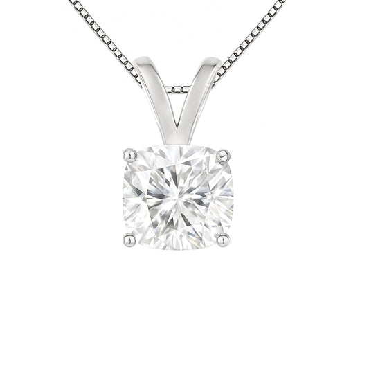 14K Gold Cushion Cut Moissanite Solitaire Necklace - Double Loop Bail on Box
