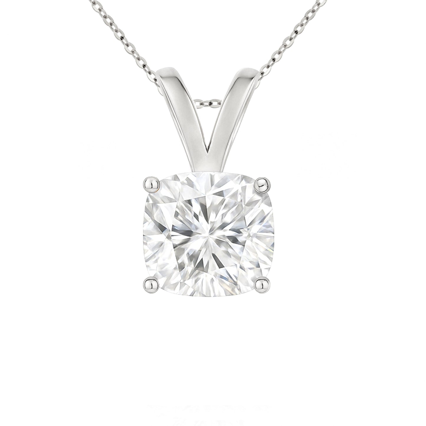 14K Gold Cushion Cut Moissanite Solitaire Necklace - Double Loop Bail on Cable Chain