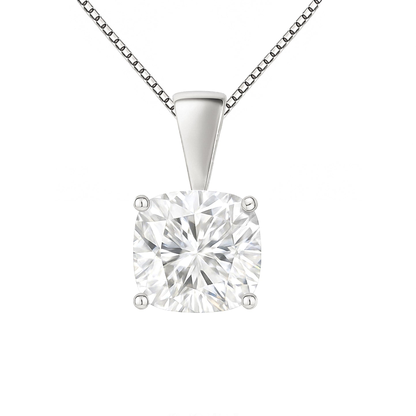 14K Gold Cushion Cut Moissanite Solitaire Necklace - Solid Bail on Box Chain