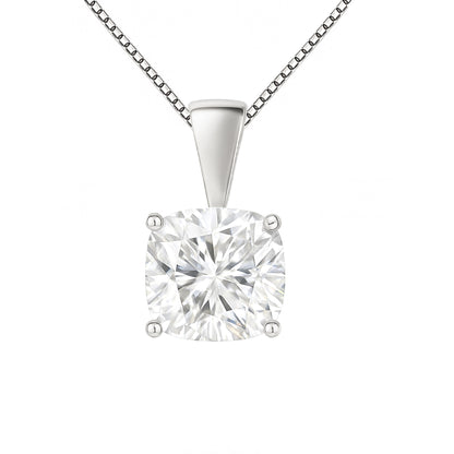 14K Gold Cushion Cut Moissanite Solitaire Necklace - Solid Bail on Box Chain